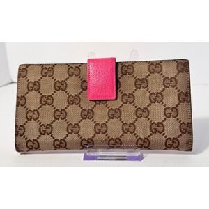 Gucci Eclipse long wallet tri fold w/ gold snap close brown canvas & pinkleather